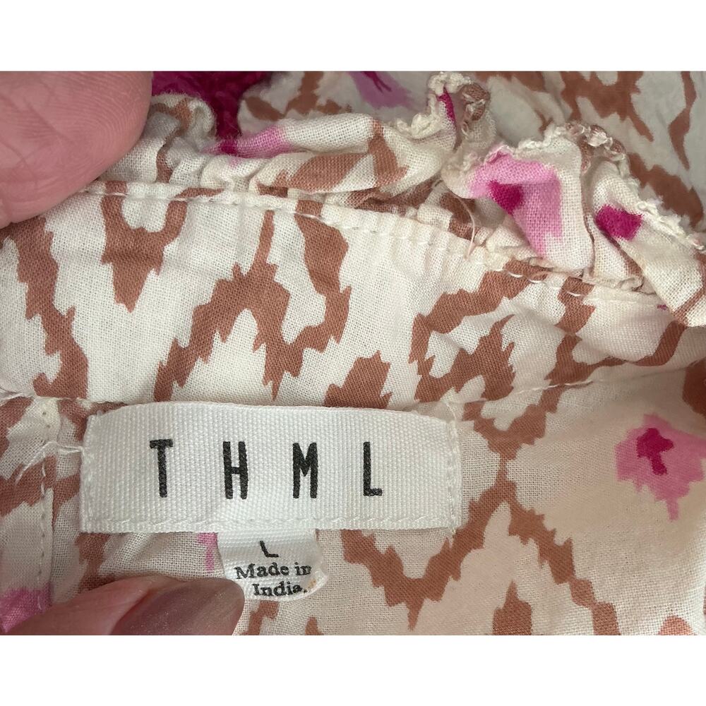 THML Boho Flutter Sleeve Blouse Pink Brown Ikat Tassel Trim Top Women's Large - Picture 5 of 7